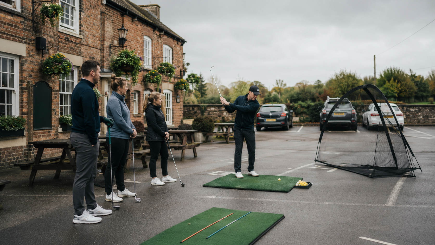 Golf lesson setup in a pub car park with players watching