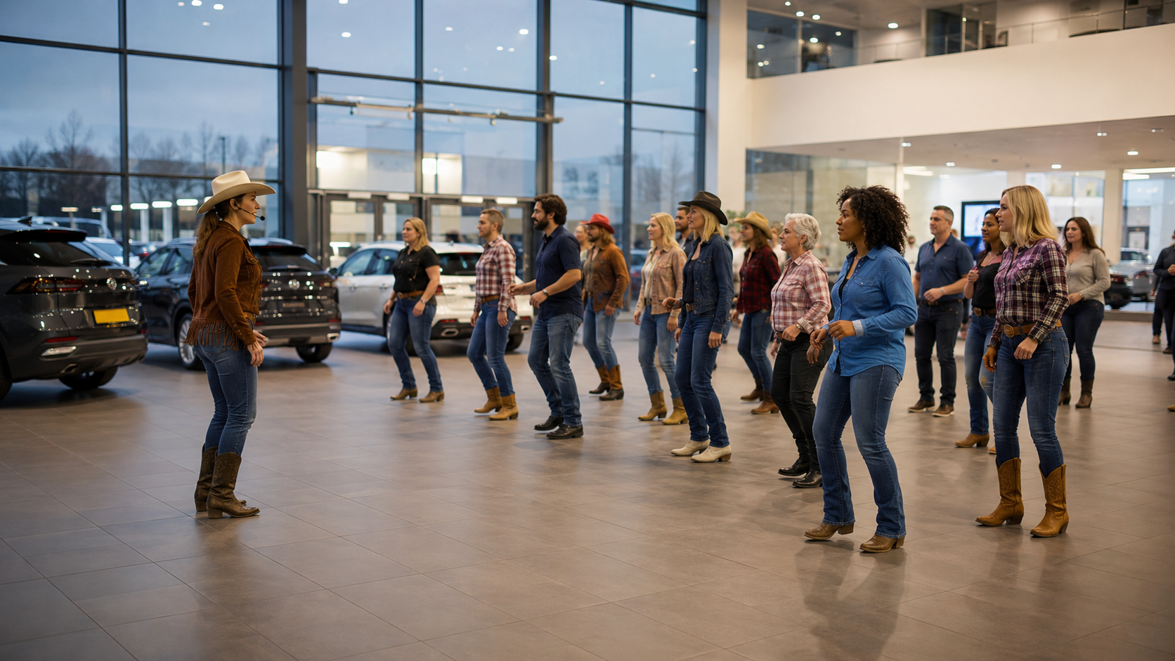 Line dancing class taking place inside a car showroom