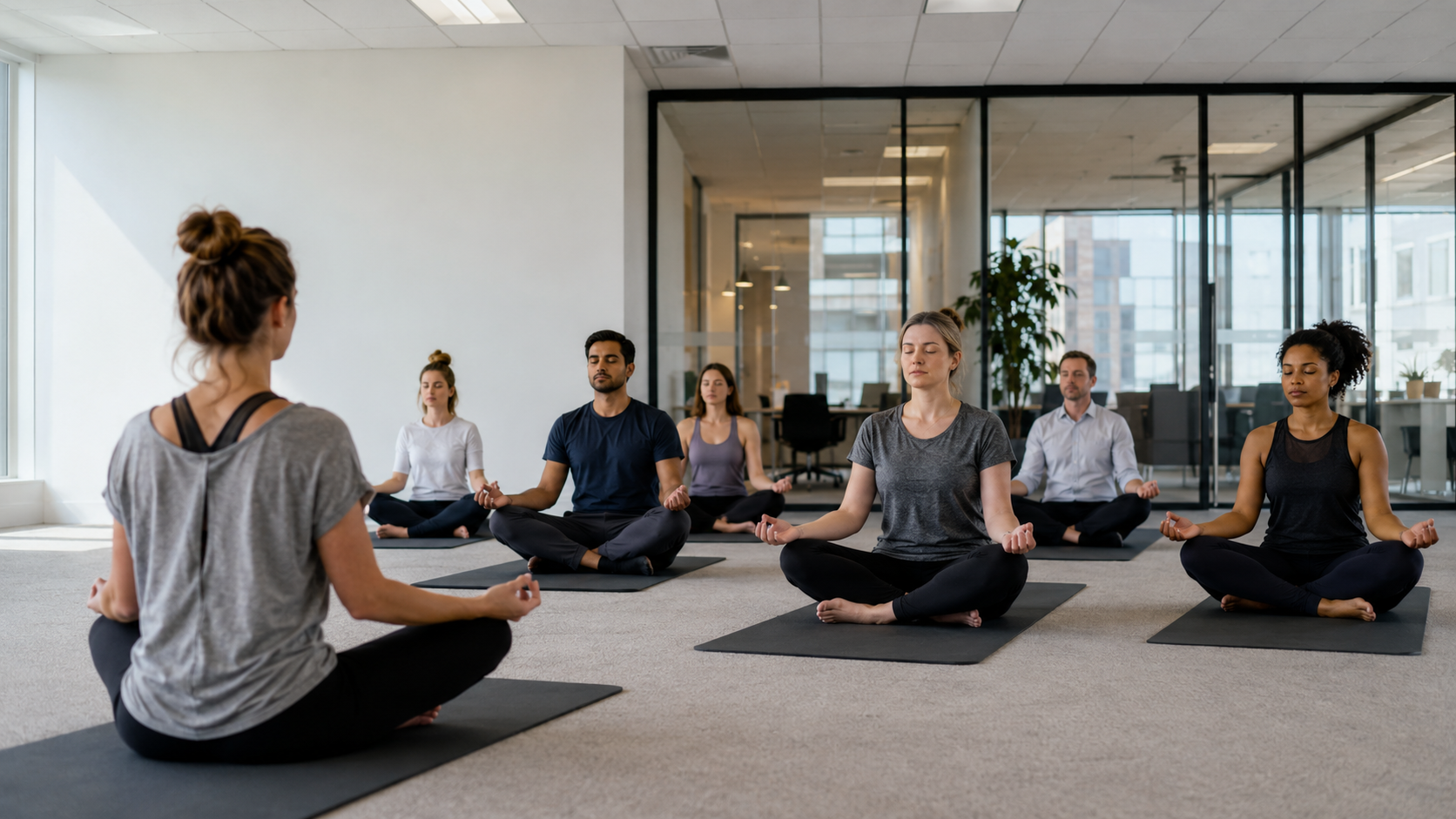 Yoga session happening in a modern office room